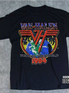 Vintage 1984 Tour of the World Graphic Tee - Classic 80s Rock Style Black Shirt
